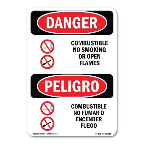 OSHA Danger Sign - Combustible No Smoking Open Flames Bilingual | Plastic Sign | Protect Your Business, Construction Site, Shop Area | Made in The USA