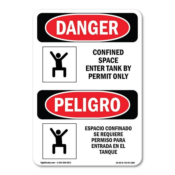 OSHA Danger Sign - Confined Space Enter Tank Permit Bilingual | Decal | Protect Your Business, Construction Site, Shop Area |  Made in The USA