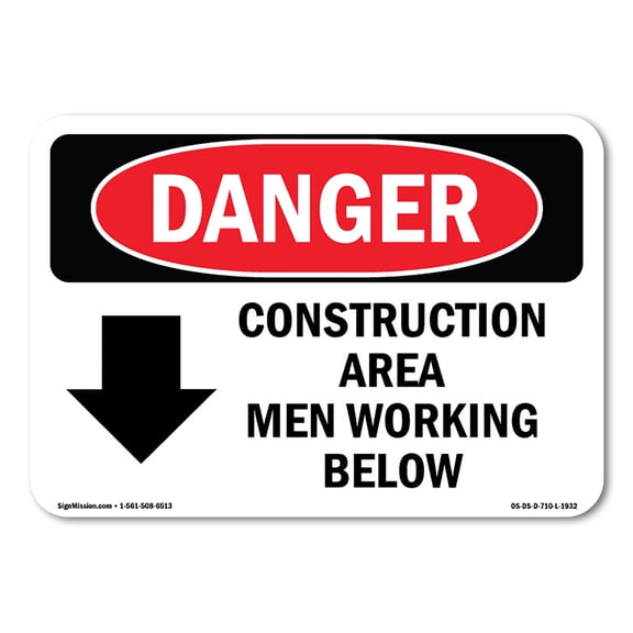 OSHA Danger Sign - Construction Area Men Working Below | Plastic Sign | Protect Your Business, Construction Site, Warehouse & Shop Area | Â Made in The USA