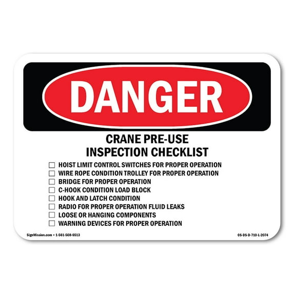 OSHA Danger Sign - Crane Pre-Use Inspection Checklist | Plastic Sign | Protect Your Business, Construction Site, Warehouse & Shop Area | Made in The USA