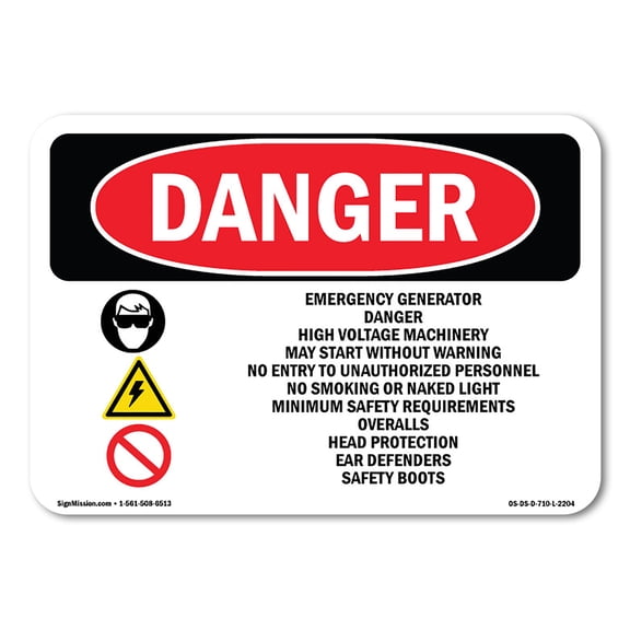 OSHA Danger Sign - Emergency Generator Danger High | Decal | Protect Your Business, Construction Site, Warehouse & Shop Area | Made in The USA