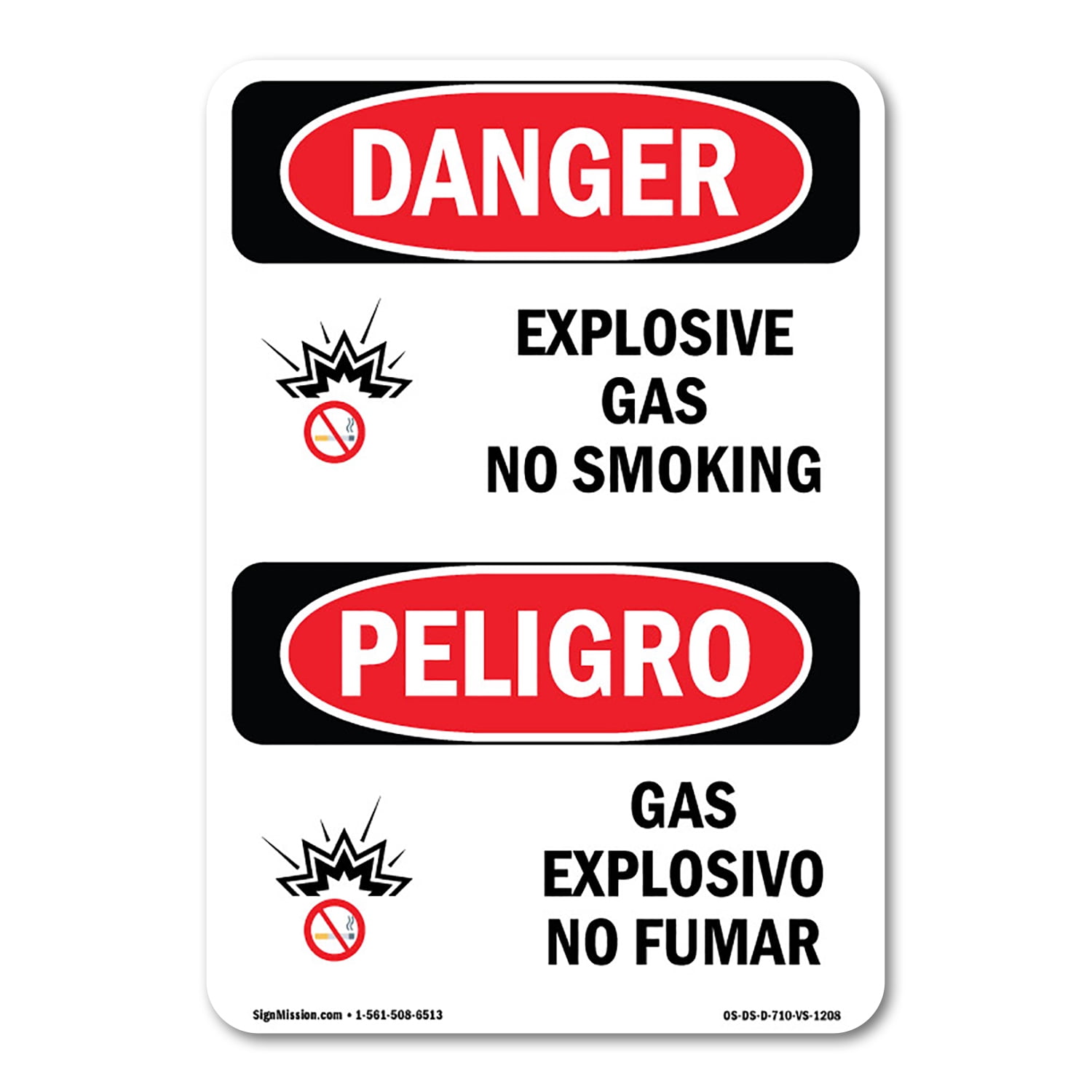 OSHA Danger Sign - Explosive Gas No Smoking Bilingual | Plastic Sign ...