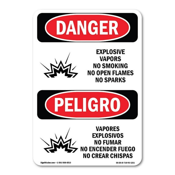 OSHA Danger Sign - Explosive Vapors No Smoking Bilingual | Decal | Protect Your Business, Construction Site, Shop Area | Made in The USA