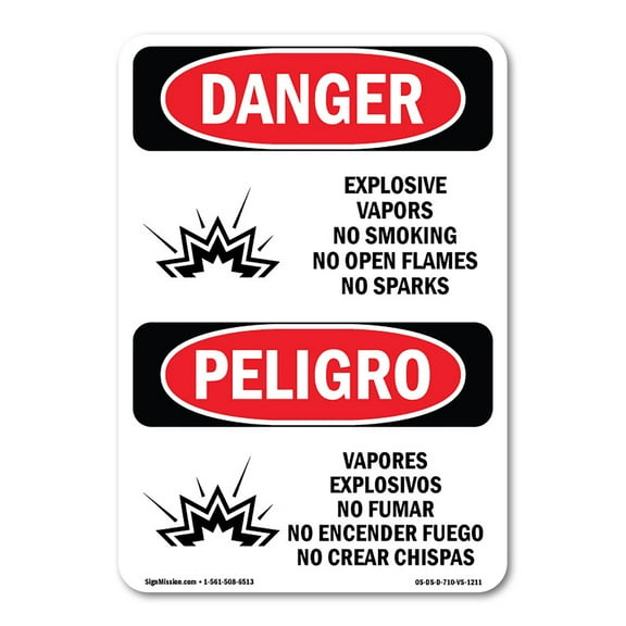OSHA Danger Sign - Explosive Vapors No Smoking Bilingual | Plastic Sign | Protect Your Business, Construction Site, Shop Area |  Made in The USA