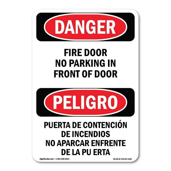 OSHA Danger Sign - Fire Door No Parking Bilingual | Plastic Sign | Protect Your Business, Construction Site, Warehouse & Shop Area | Made in The USA