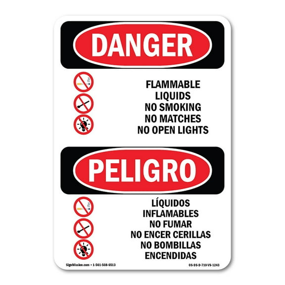OSHA Danger Sign - Flammable Liquids No Smoking Bilingual | Decal | Protect Your Business, Construction Site, Shop Area |  Made in The USA