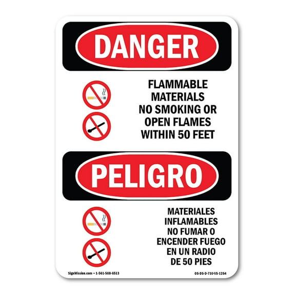 OSHA Danger Sign - Flammable Materials No Smoking Bilingual | Decal | Protect Your Business, Construction Site, Shop Area | Made in The USA