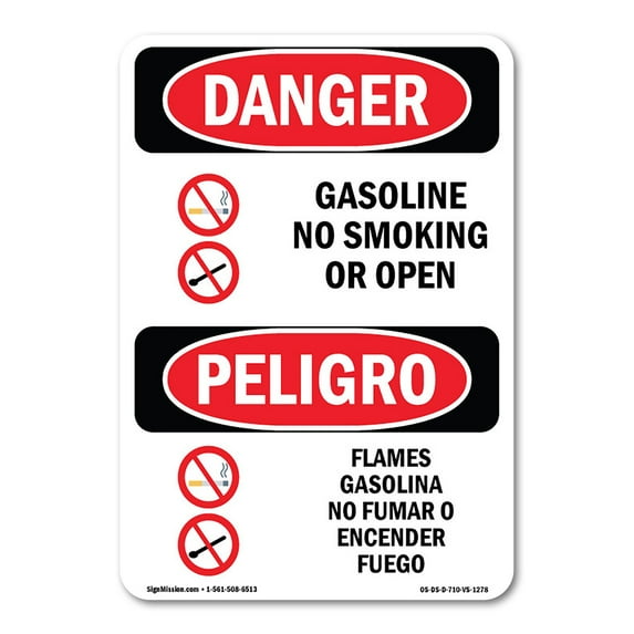 OSHA Danger Sign - Gasoline No Smoking Or Open Flames Bilingual | Decal | Protect Your Business, Construction Site, Shop Area | Made in The USA