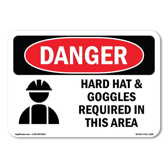 OSHA Danger Sign - Hard Hat And Goggles Required In This Area | Decal | Protect Your Business, Construction Site, Shop Area |  Made in The USA
