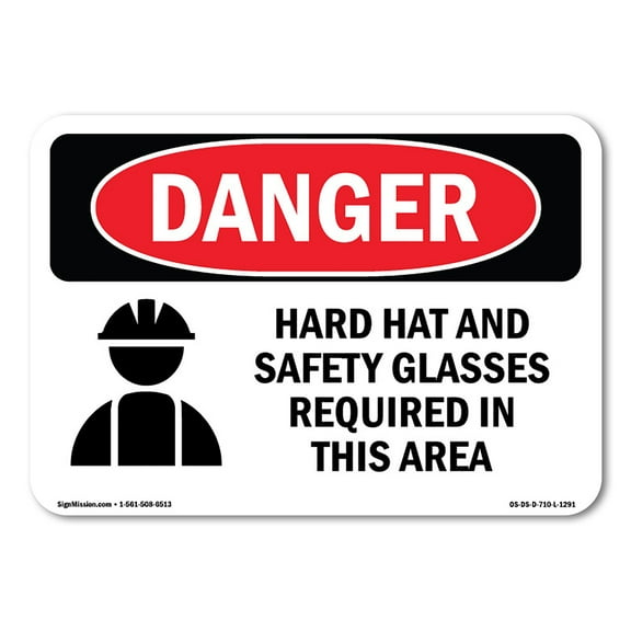 OSHA Danger Sign - Hard Hat Safety Glasses Required In Area | Decal | Protect Your Business, Construction Site, Shop Area |  Made in The USA