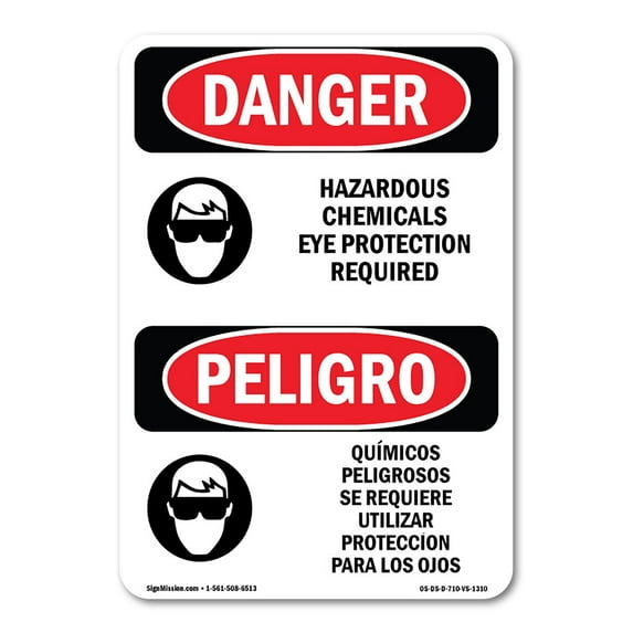 OSHA Danger Sign - Hazardous Chemicals Eye Protection Bilingual | Plastic Sign | Protect Your Business, Construction Site, Shop Area | Made in The USA