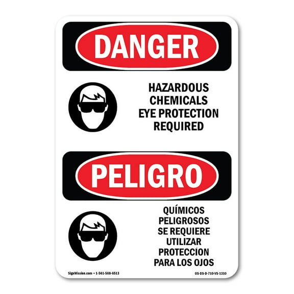OSHA Danger Sign - Hazardous Chemicals Eye Protection Bilingual | Plastic Sign | Protect Your Business, Construction Site, Shop Area |  Made in The USA