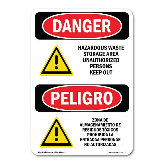 OSHA Danger Sign - Hazardous Waste Storage Area Bilingual | Plastic Sign | Protect Your Business, Construction Site, Shop Area |  Made in The USA