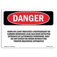 thumbnail image 1 of OSHA Danger Sign - Horn or Light Indicates a Refrigerant or Carbon Monoxide Leak, 1 of 1