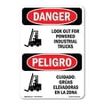 thumbnail image 1 of OSHA Danger Sign - Look Out Industrial Trucks Bilingual | Decal | Protect Your Business, Construction Site, Warehouse & Shop Area |  Made in The USA, 1 of 5