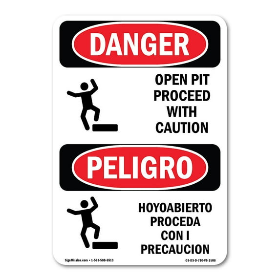 OSHA Danger Sign - Open Pit Proceed With Caution Bilingual | Decal | Protect Your Business, Construction Site, Shop Area | Made in The USA