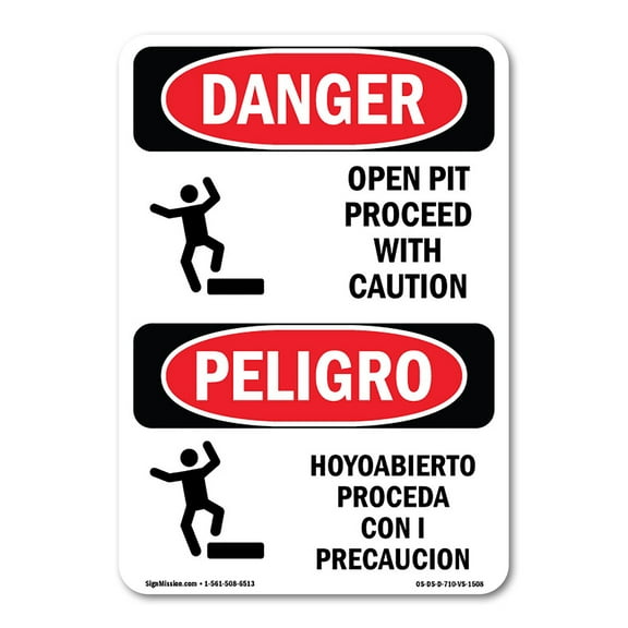 OSHA Danger Sign - Open Pit Proceed With Caution Bilingual | Plastic Sign | Protect Your Business, Construction Site, Shop Area |  Made in The USA