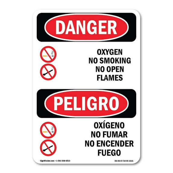 OSHA Danger Sign - Oxygen No Smoking No Open Flames Bilingual | Decal | Protect Your Business, Construction Site, Shop Area | Made in The USA