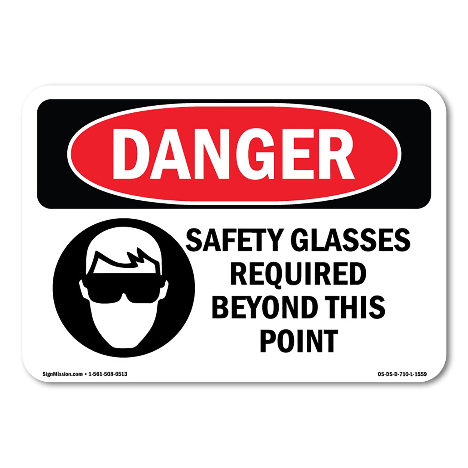 Safety Glasses Required Beyond This Point Sign – 10" X 14" Aluminum, Red On White