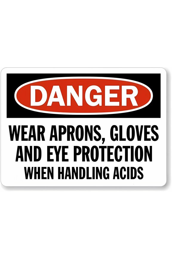 OSHA Danger Sign Wear Aprons, Gloves and Eye Protection When Handling Acids - 8"x12" Metal Sign, Warning for Wall Fence, Acid Handling, PPE Requirement