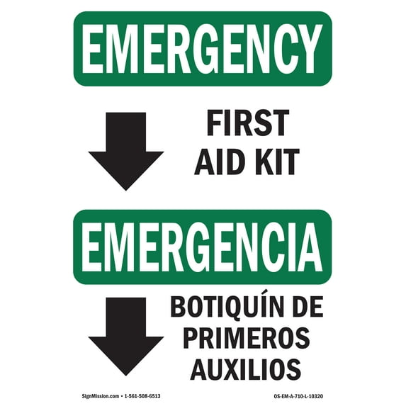 OSHA EMERGENCY Sign - First Aid Kit Bilingual | Decal | Protect Your Business, Construction Site, Warehouse & Shop Area | Made in the USA