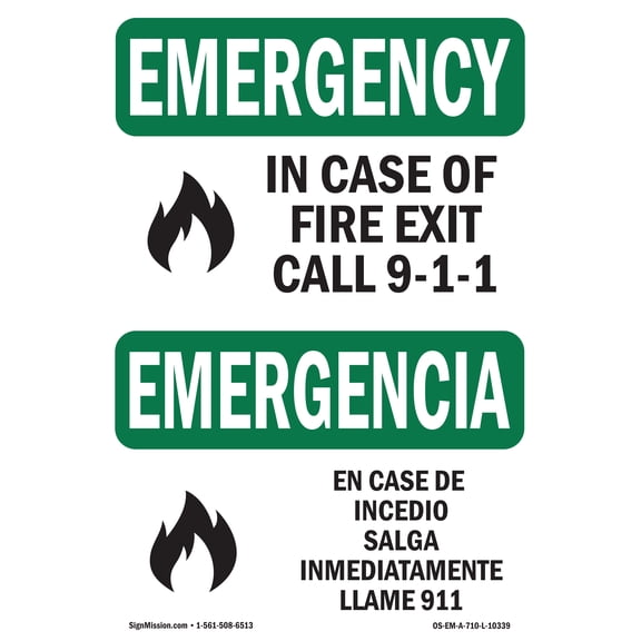 OSHA EMERGENCY Sign - In Case Of Fire Exit Call 9-1-1 Bilingual | Decal | Protect Your Business, Work Site, Warehouse & Shop Area | Made in the USA