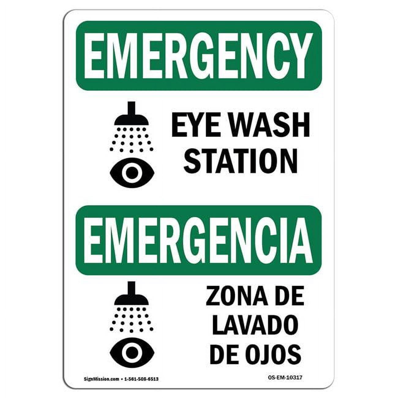 Emergency Eye Wash Station Sign - Bilingual 7"x10" Plastic Safety Sign, OSHA/ANSI Compliant