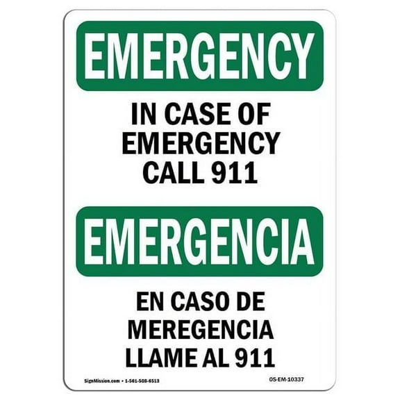 OSHA Emergency Sign - In Case of Call 911 Bilingual