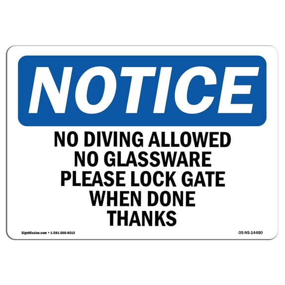 OSHA Notice Sign - No Diving Allowed No Glassware Please Lock | Plastic Sign | Protect Your Business, Work Site, Warehouse & Shop Area | Made in the USA