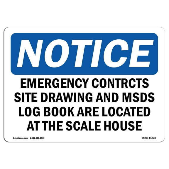 OSHA Notice Sign - Emergency Contacts Site Drawing And MSDS | Plastic Sign | Protect Your Business, Work Site, Warehouse & Shop Area |  Made in the USA