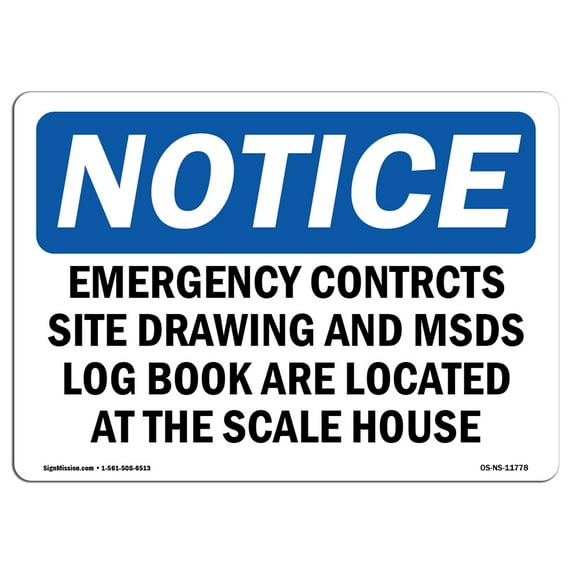 OSHA Notice Sign - Emergency Contacts Site Drawing And MSDS | Plastic Sign | Protect Your Business, Work Site, Warehouse & Shop Area | Made in the USA
