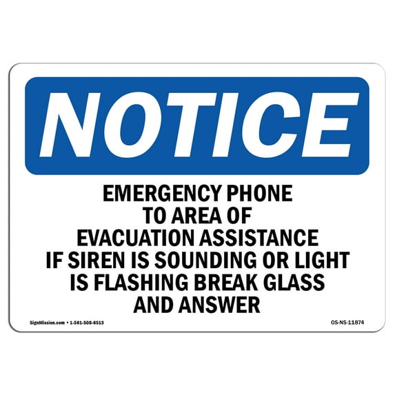 OSHA Notice Sign - Emergency Phone To Area Of Evacuation Assistance | Decal | Protect Your Business, Construction Site | Made in the USA