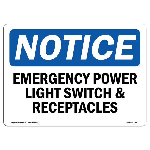 OSHA Notice Sign - Emergency Power Light Switch And Receptacles | Plastic Sign | Protect Your Business, Work Site, Warehouse & Shop Area |  Made in the USA