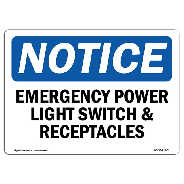 OSHA Notice Sign - Emergency Power Light Switch And Receptacles | Plastic Sign | Protect Your Business, Work Site, Warehouse & Shop Area |  Made in the USA