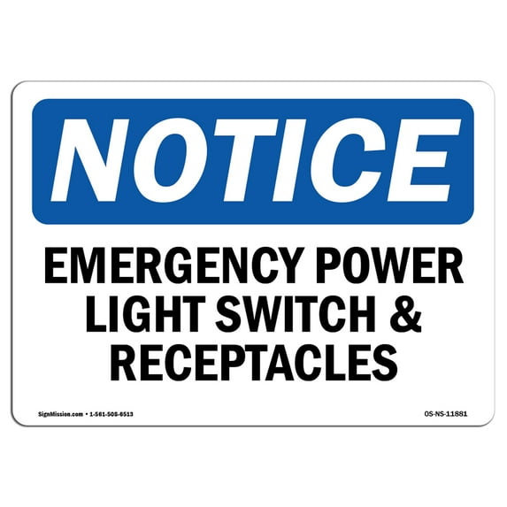 OSHA Notice Sign - Emergency Power Light Switch And Receptacles | Plastic Sign | Protect Your Business, Work Site, Warehouse & Shop Area | Made in the USA