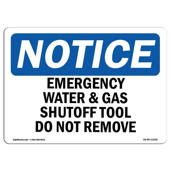 OSHA Notice Sign - Emergency Water And Gas Shutoff Tool Do Not Remove | Decal | Protect Your Business, Work Site | Made in the USA