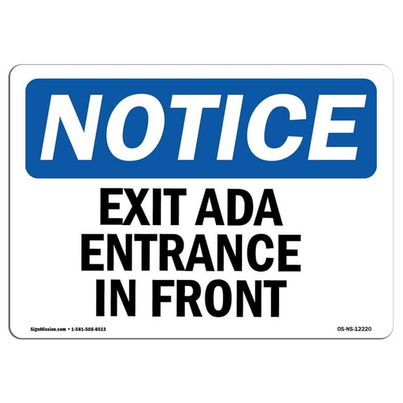 OSHA Notice Sign - Exit Only Ada Entrance In Front | Plastic Sign | Protect Your Business, Construction Site, Warehouse & Shop Area | Made in the USA