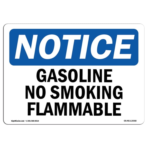 OSHA Notice Sign - Gasoline No Smoking Flammable 14" X 10" Rigid Plastic Sign Protect Your Business, Construction Site, Warehouse & Shop Area