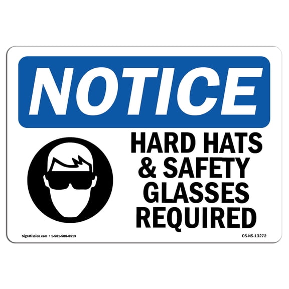 OSHA Notice Sign - Hard Hats & Safety Glasses Required Sign With Symbol | Decal | Protect Your Business, Work Site |  Made in the USA