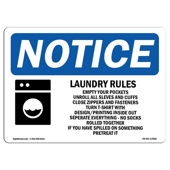 OSHA Notice Sign - Laundry Rules Empty Your Pockets | Plastic Sign | Protect Your Business, Construction Site, Warehouse & Shop Area | Made in the USA