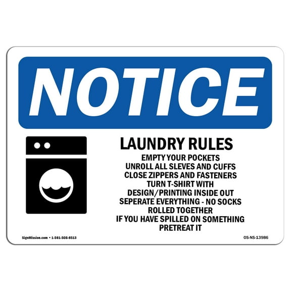 OSHA Notice Sign - Laundry Rules Empty Your Pockets Sign With Symbol | Decal | Protect Your Business, Construction Site | Made in the USA