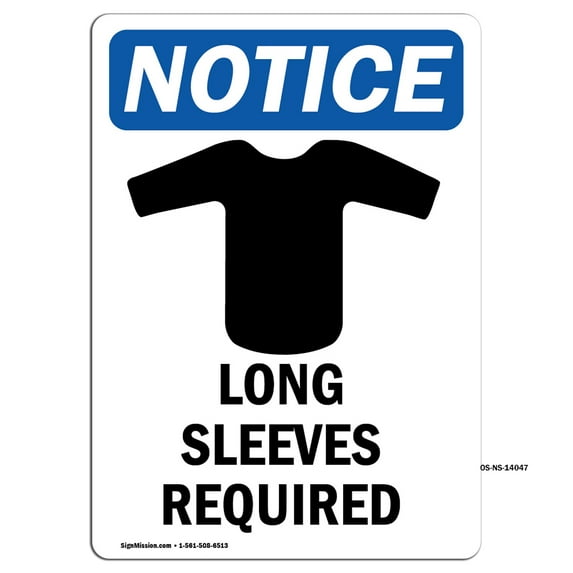 OSHA Notice Sign - Long Sleeves Required Sign With Symbol | Decal | Protect Your Business, Construction Site, Warehouse | Made in the USA
