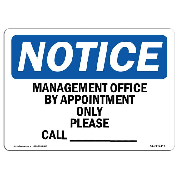 OSHA Notice Sign - Manager's Office By Appointment Only Please 14" X 10" Decal Protect Your Business, Construction Site