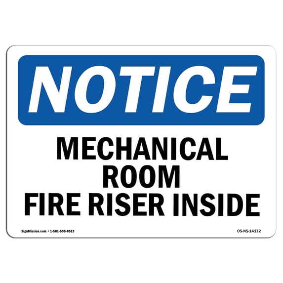 OSHA Notice Sign - Mechanical Room Fire Riser Inside | Plastic Sign | Protect Your Business, Construction Site, Warehouse & Shop Area | Made in the USA