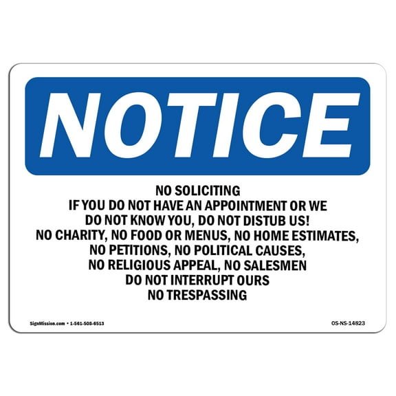 OSHA Notice Sign - No Soliciting If You Do Not Have An Appointment 14" X 10" Decal Protect Your Business, Construction Site
