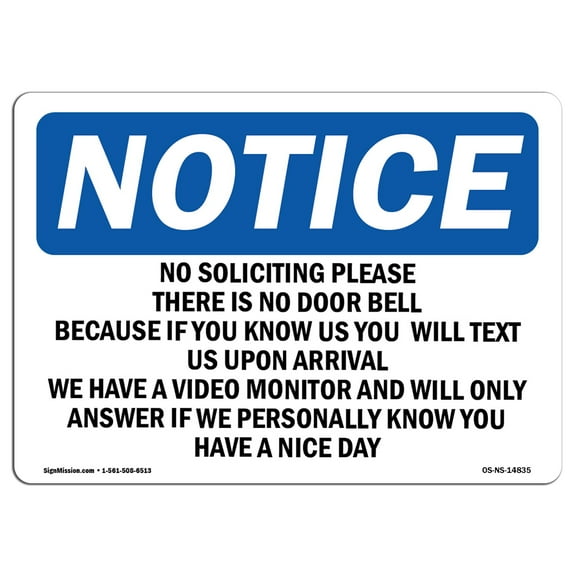 OSHA Notice Sign - No Soliciting Please There Is No Door Bell | Decal | Protect Your Business, Construction Site |  Made in the USA