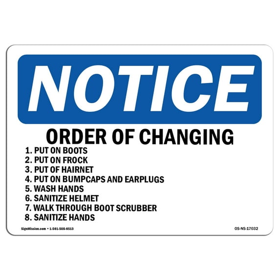 OSHA Notice Sign - Order Of Changing 1. Put On Boots 2. Put | Plastic Sign | Protect Your Business, Work Site, Warehouse & Shop Area | Made in the USA