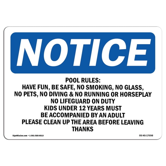 OSHA Notice Sign - Pool Rules No Running No Rough Play No | Plastic Sign | Protect Your Business Work Site Warehouse & Shop Area |  Made in the USA