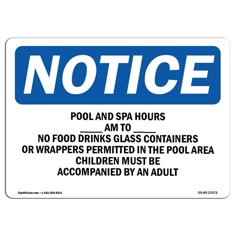 OSHA Notice Sign - Pool &amp; Spa Hours ____ Am To ____ Pm No Food 