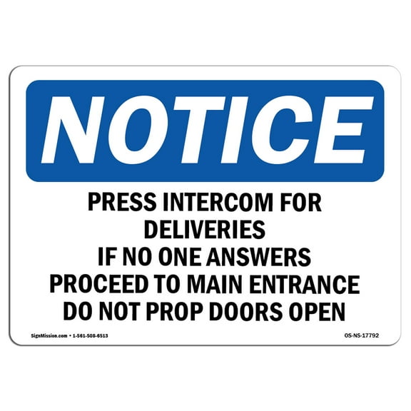 OSHA Notice Sign - Press Intercom For Deliveries If No One | Decal | Protect Your Business, Construction Site |  Made in the USA